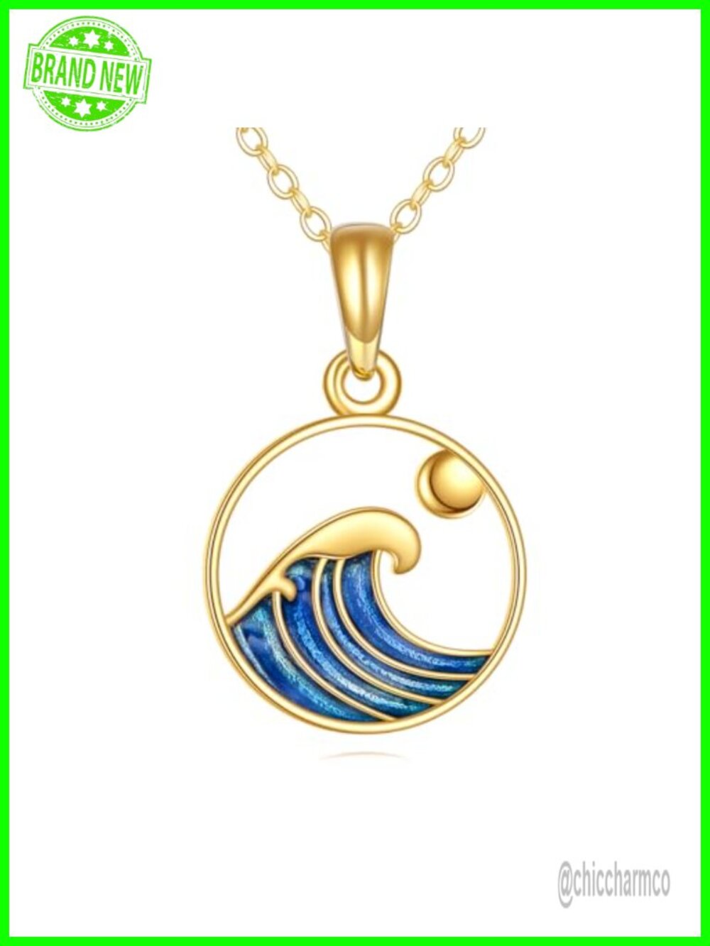 14k Solid Gold Mountain Wave Necklace with Sun Pendant 18+2in Chain Women